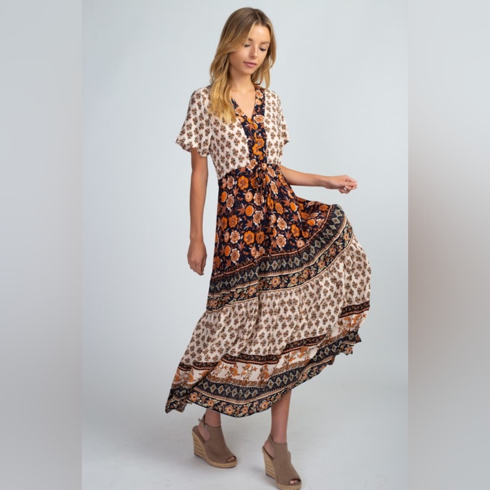 Fehrnvi Bohemian Dress Floral Printed Short Sleeve V-neck Waist Tie Size Small